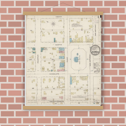 Old map wall art mockup — magnetic wood frame on brick wall — Sanborn Fire Insurance Map from San Marcos, Hays County, Texas (1885) - Complete Map Set