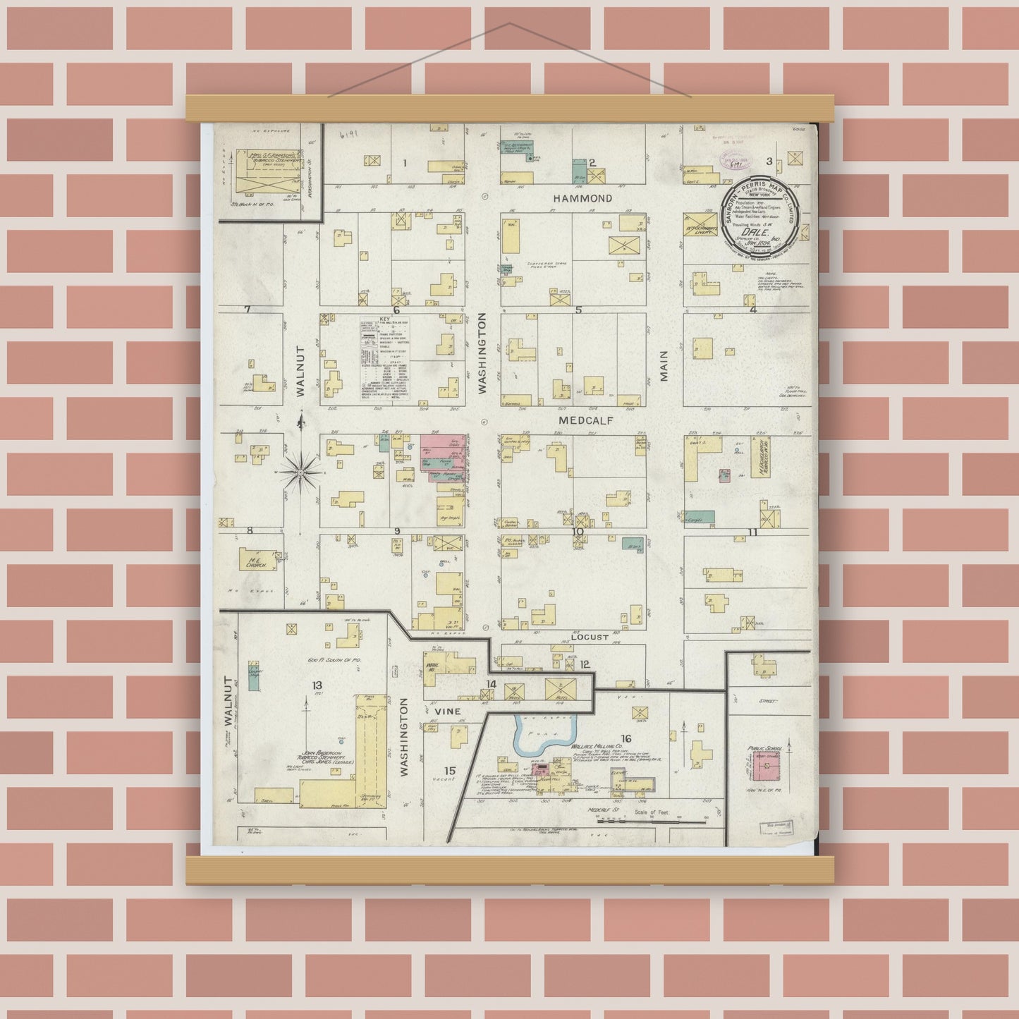 Old map wall art mockup — magnetic wood frame on brick wall — Sanborn Fire Insurance Map from Dale, Spencer County, Indiana (1894), Sheet #0001