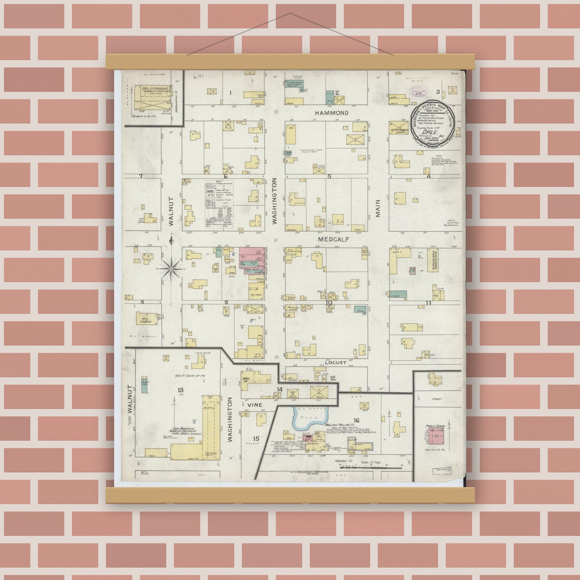 Old map wall art mockup — magnetic wood frame on brick wall — Sanborn Fire Insurance Map from Dale, Spencer County, Indiana (1894), Sheet #0001