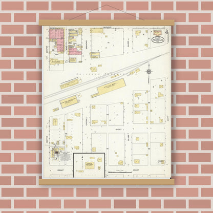 Old map wall art mockup — magnetic wood frame on brick wall — Sanborn Fire Insurance Map from Franklin, Robertson County, Texas (1916), Sheet #0004