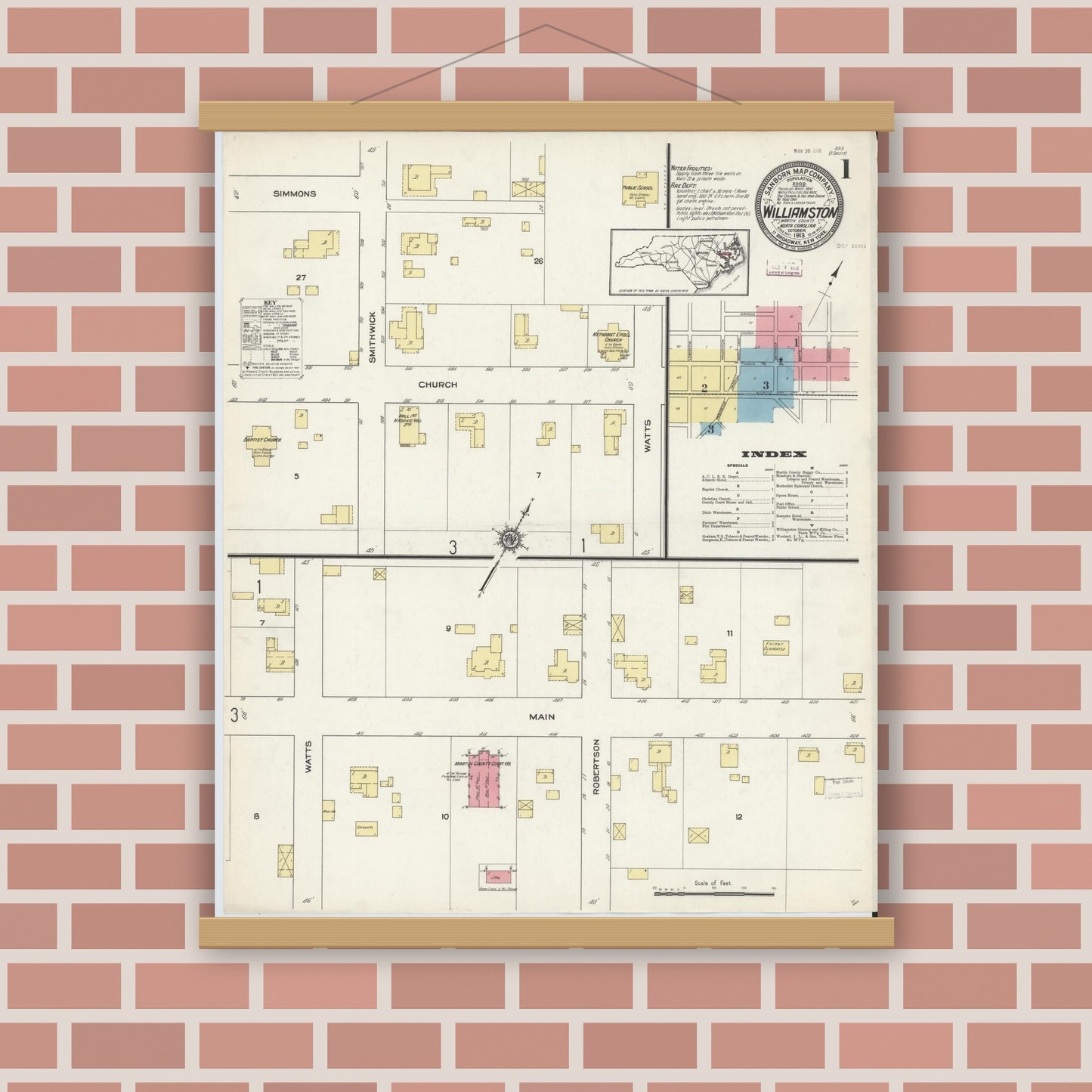 Old map wall art mockup — magnetic wood frame on brick wall — Sanborn Fire Insurance Map from Williamston, Martin County, North Carolina (1913) - Complete Map Set