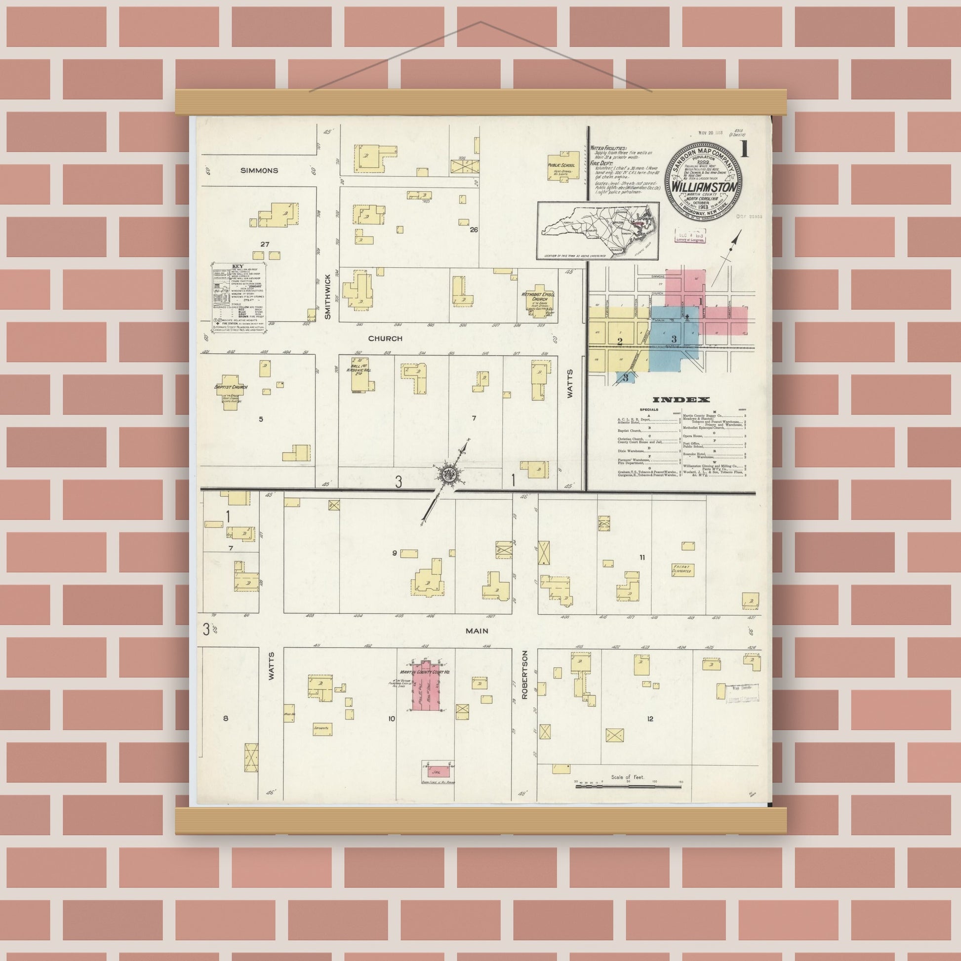 Old map wall art mockup — magnetic wood frame on brick wall — Sanborn Fire Insurance Map from Williamston, Martin County, North Carolina (1913) - Complete Map Set