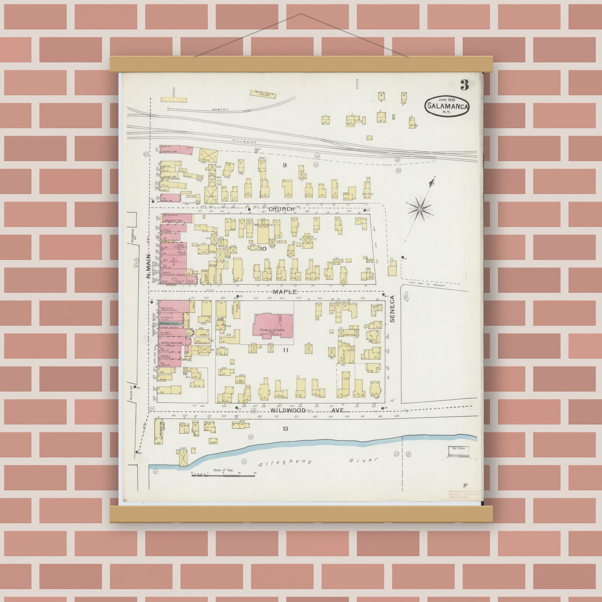 Old map wall art mockup — magnetic wood frame on brick wall — Sanborn Fire Insurance Map from Salamanca, Cattaraugus County, New York (1893), Sheet #0003