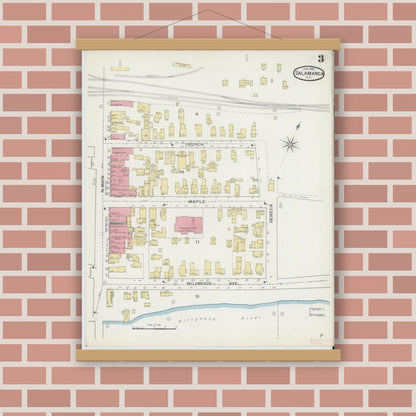Old map wall art mockup — magnetic wood frame on brick wall — Sanborn Fire Insurance Map from Salamanca, Cattaraugus County, New York (1893), Sheet #0003