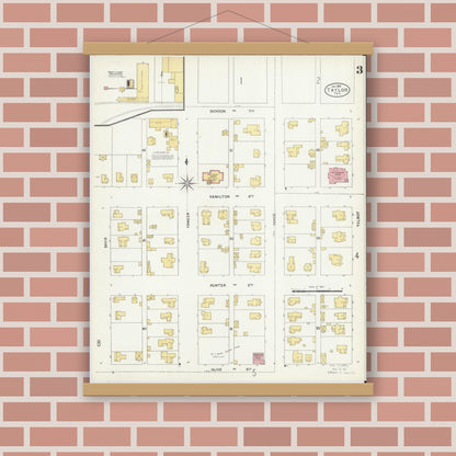Old map wall art mockup — magnetic wood frame on brick wall — Sanborn Fire Insurance Map from Taylor, Williamson County, Texas (1904), Sheet #0003