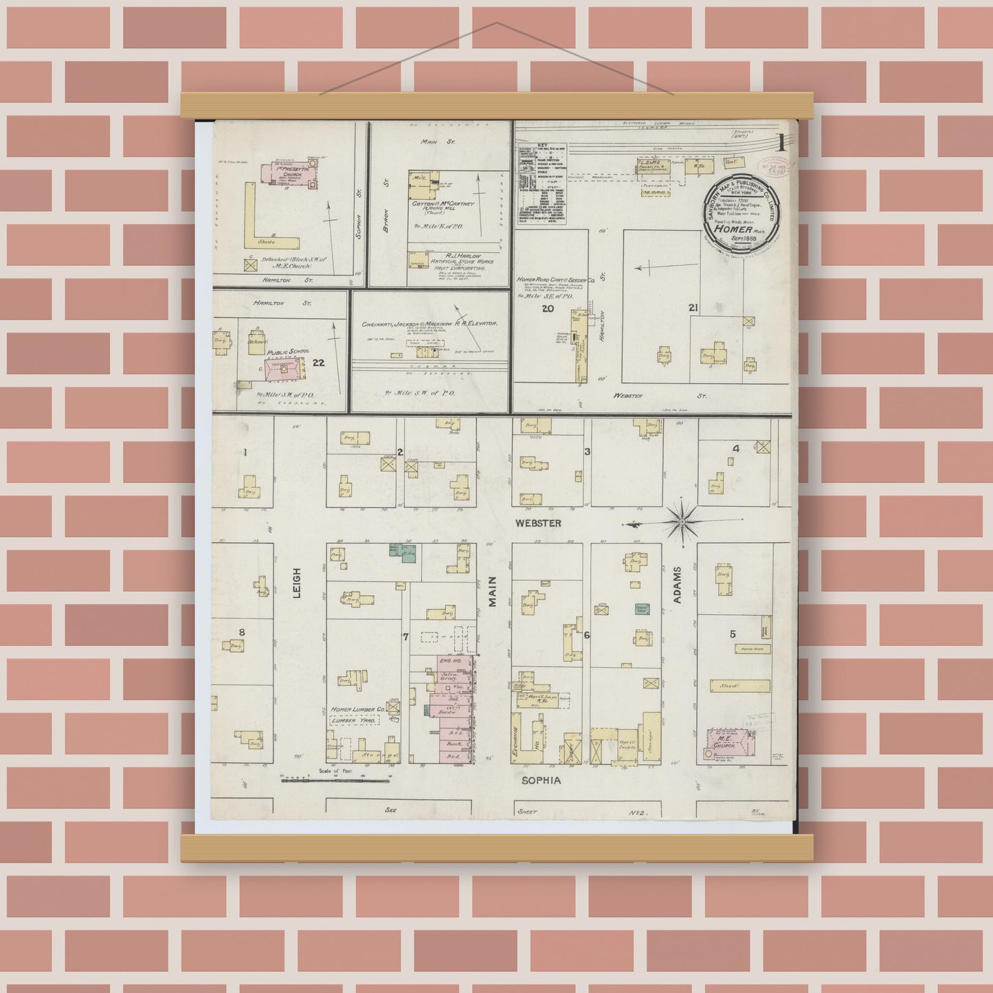 Old map wall art mockup — magnetic wood frame on brick wall — Sanborn Fire Insurance Map from Homer, Calhoun County, Michigan (1888) - Complete Map Set