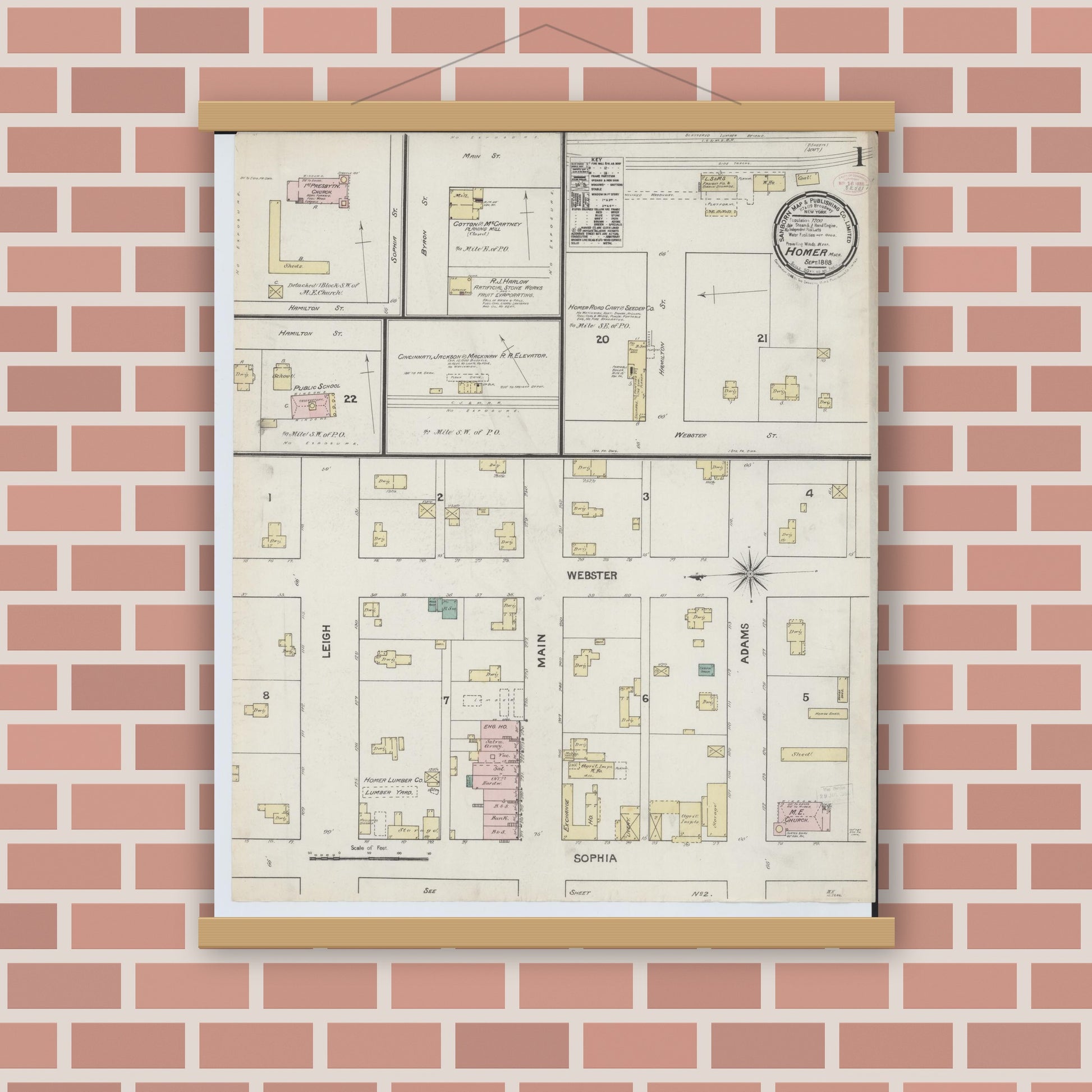 Old map wall art mockup — magnetic wood frame on brick wall — Sanborn Fire Insurance Map from Homer, Calhoun County, Michigan (1888) - Complete Map Set