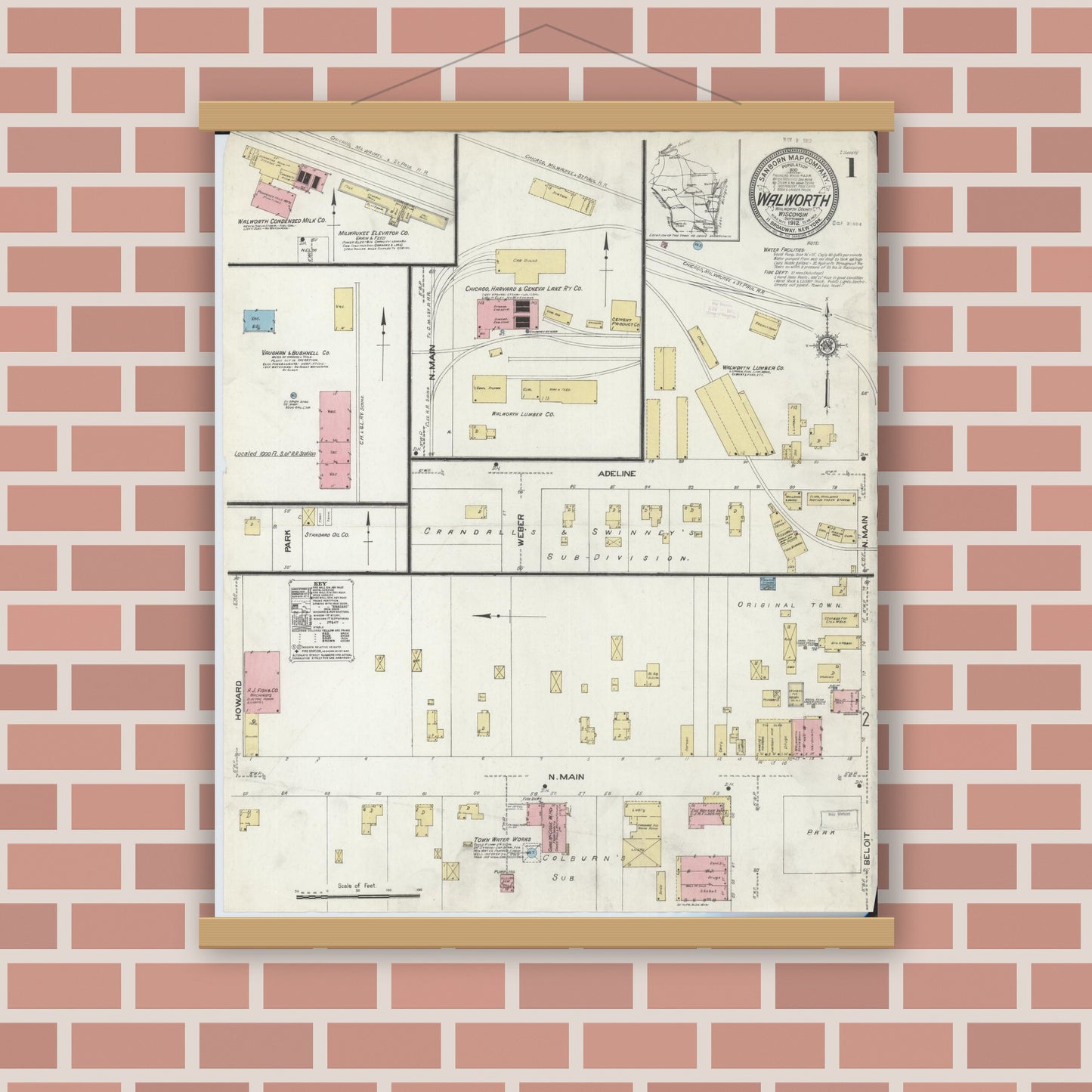 Old map wall art mockup — magnetic wood frame on brick wall — Sanborn Fire Insurance Map from Walworth, Walworth County, Wisconsin (1912), Sheet #0001