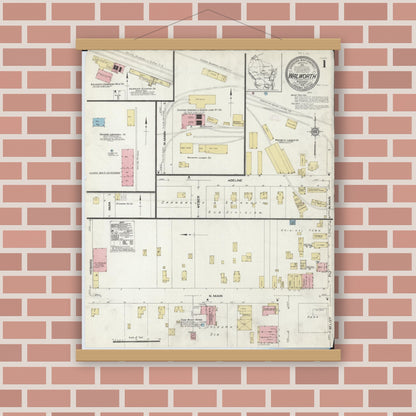 Old map wall art mockup — magnetic wood frame on brick wall — Sanborn Fire Insurance Map from Walworth, Walworth County, Wisconsin (1912), Sheet #0001
