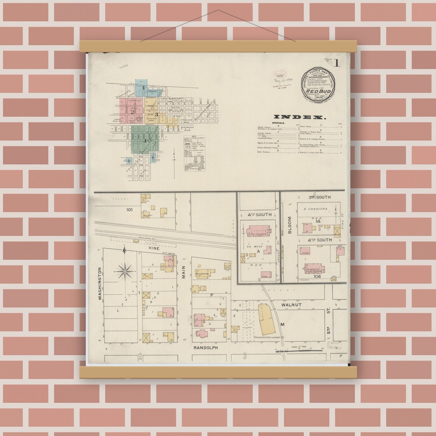 Old map wall art mockup — magnetic wood frame on brick wall — Sanborn Fire Insurance Map from Red Bud, Randolph County, Illinois (1894) - Complete Map Set