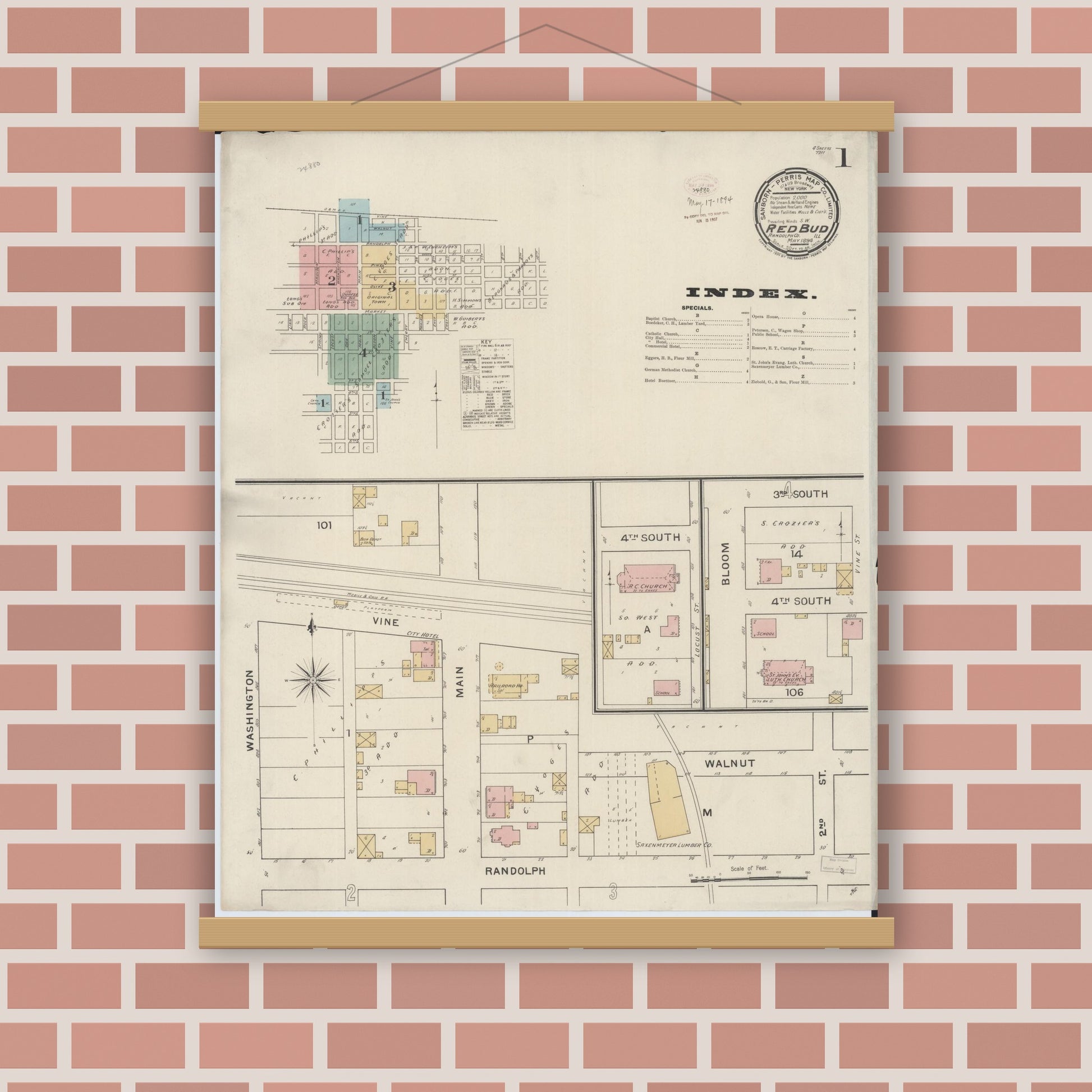 Old map wall art mockup — magnetic wood frame on brick wall — Sanborn Fire Insurance Map from Red Bud, Randolph County, Illinois (1894) - Complete Map Set