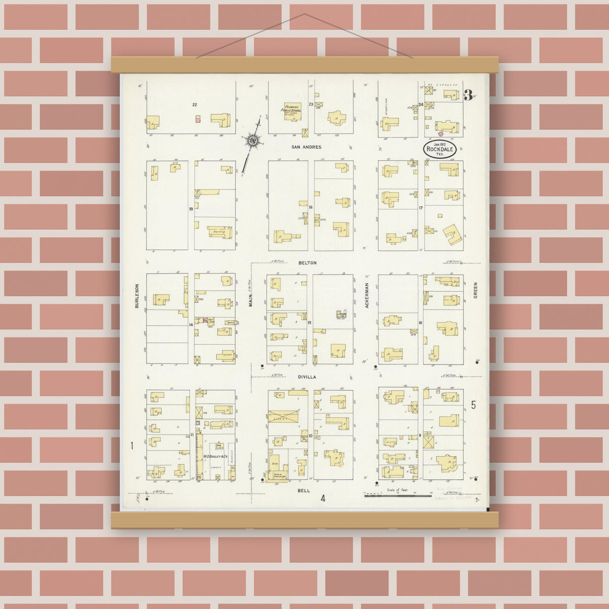 Old map wall art mockup — magnetic wood frame on brick wall — Sanborn Fire Insurance Map from Rockdale, Milam County, Texas (1912), Sheet #0003