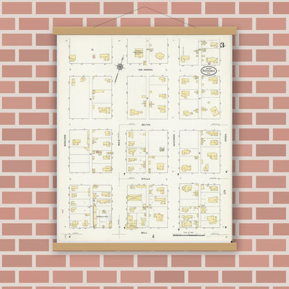 Old map wall art mockup — magnetic wood frame on brick wall — Sanborn Fire Insurance Map from Rockdale, Milam County, Texas (1912), Sheet #0003