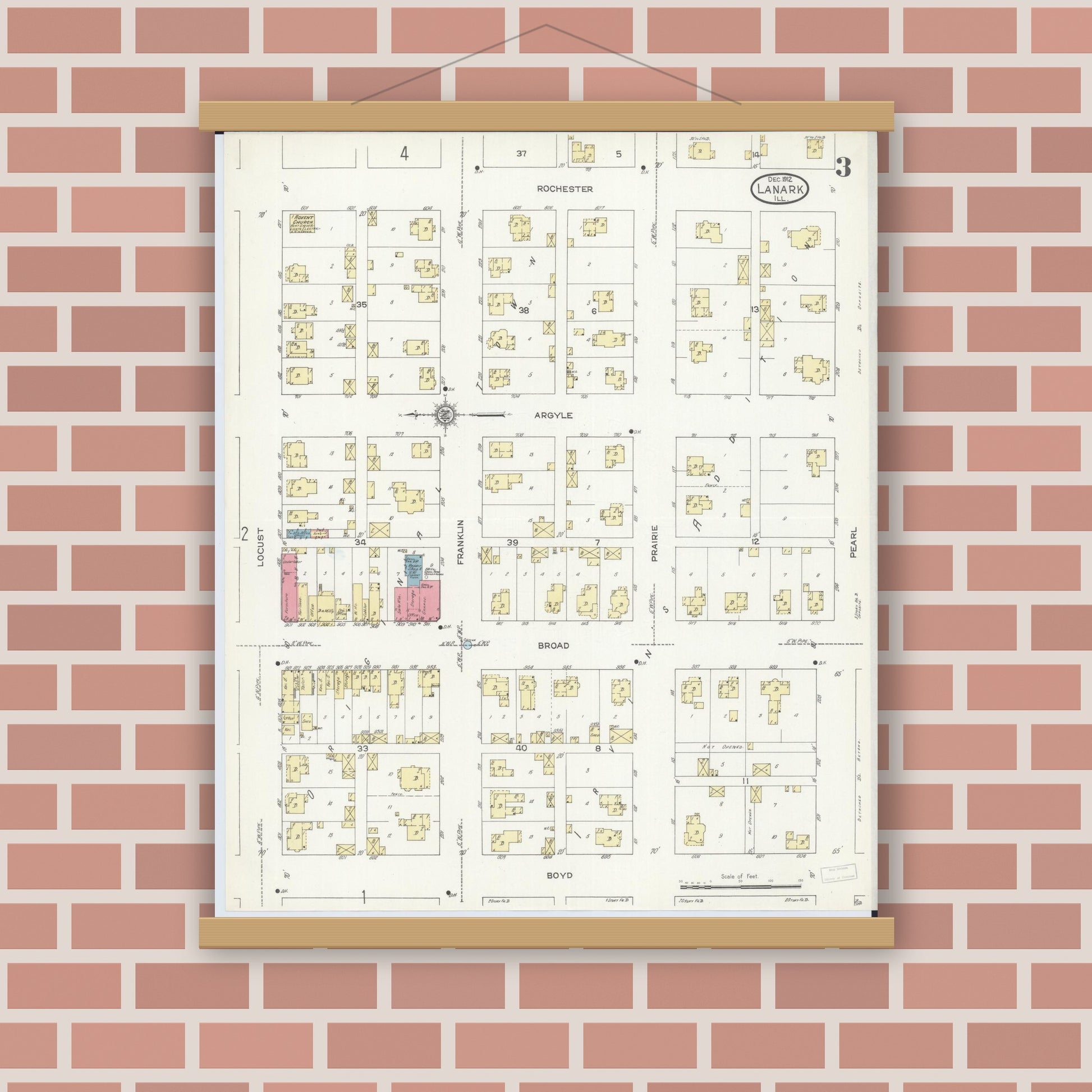 Old map wall art mockup — magnetic wood frame on brick wall — Sanborn Fire Insurance Map from Lanark, Carroll County, Illinois (1912), Sheet #0003