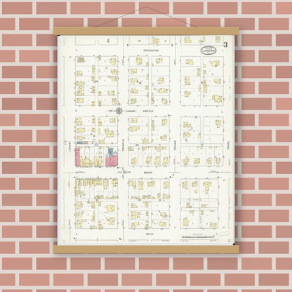 Old map wall art mockup — magnetic wood frame on brick wall — Sanborn Fire Insurance Map from Lanark, Carroll County, Illinois (1912), Sheet #0003