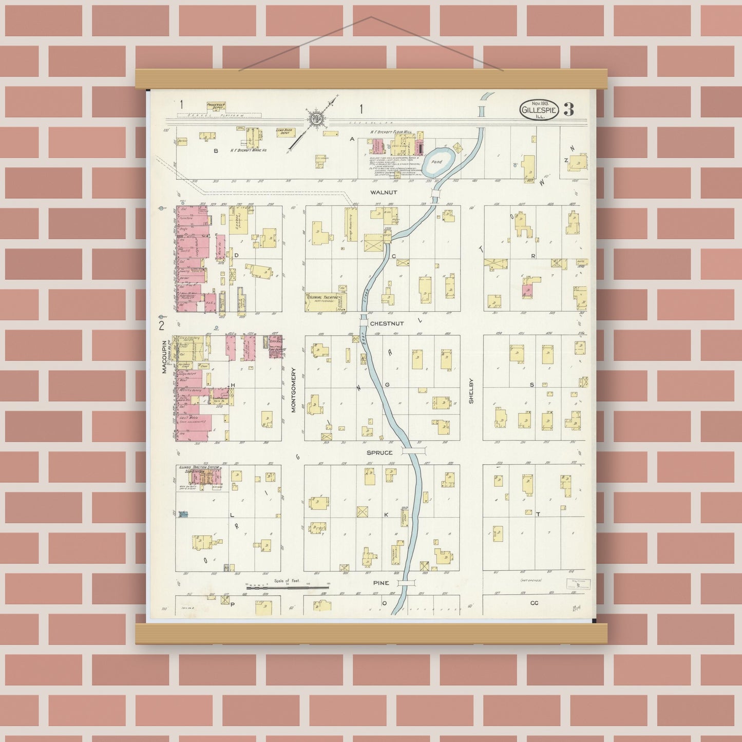 Old map wall art mockup — magnetic wood frame on brick wall — Sanborn Fire Insurance Map from Gillespie, Macoupin County, Illinois (1913), Sheet #0003