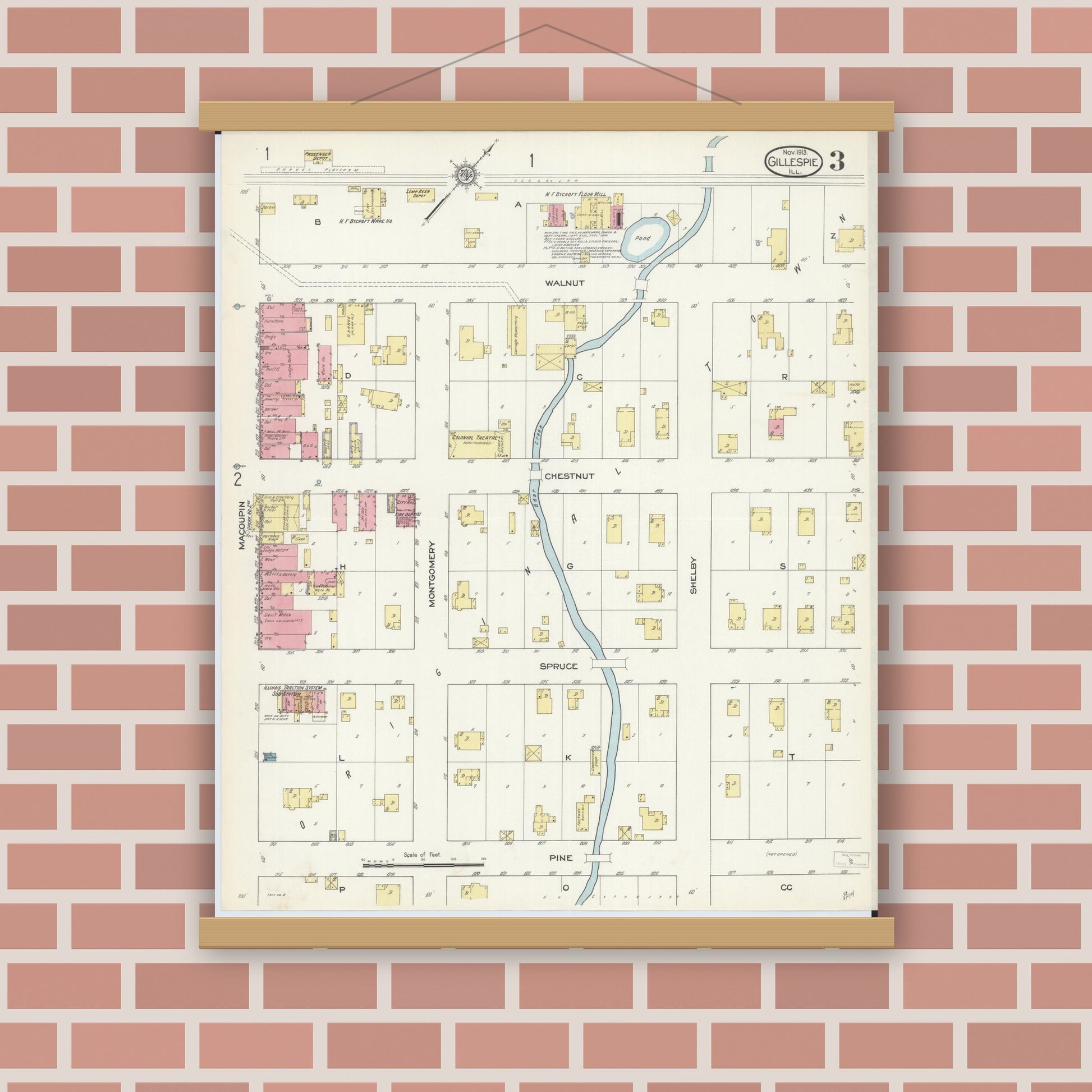 Old map wall art mockup — magnetic wood frame on brick wall — Sanborn Fire Insurance Map from Gillespie, Macoupin County, Illinois (1913), Sheet #0003