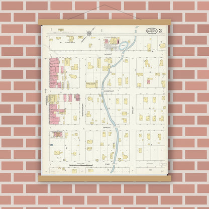 Old map wall art mockup — magnetic wood frame on brick wall — Sanborn Fire Insurance Map from Gillespie, Macoupin County, Illinois (1913), Sheet #0003