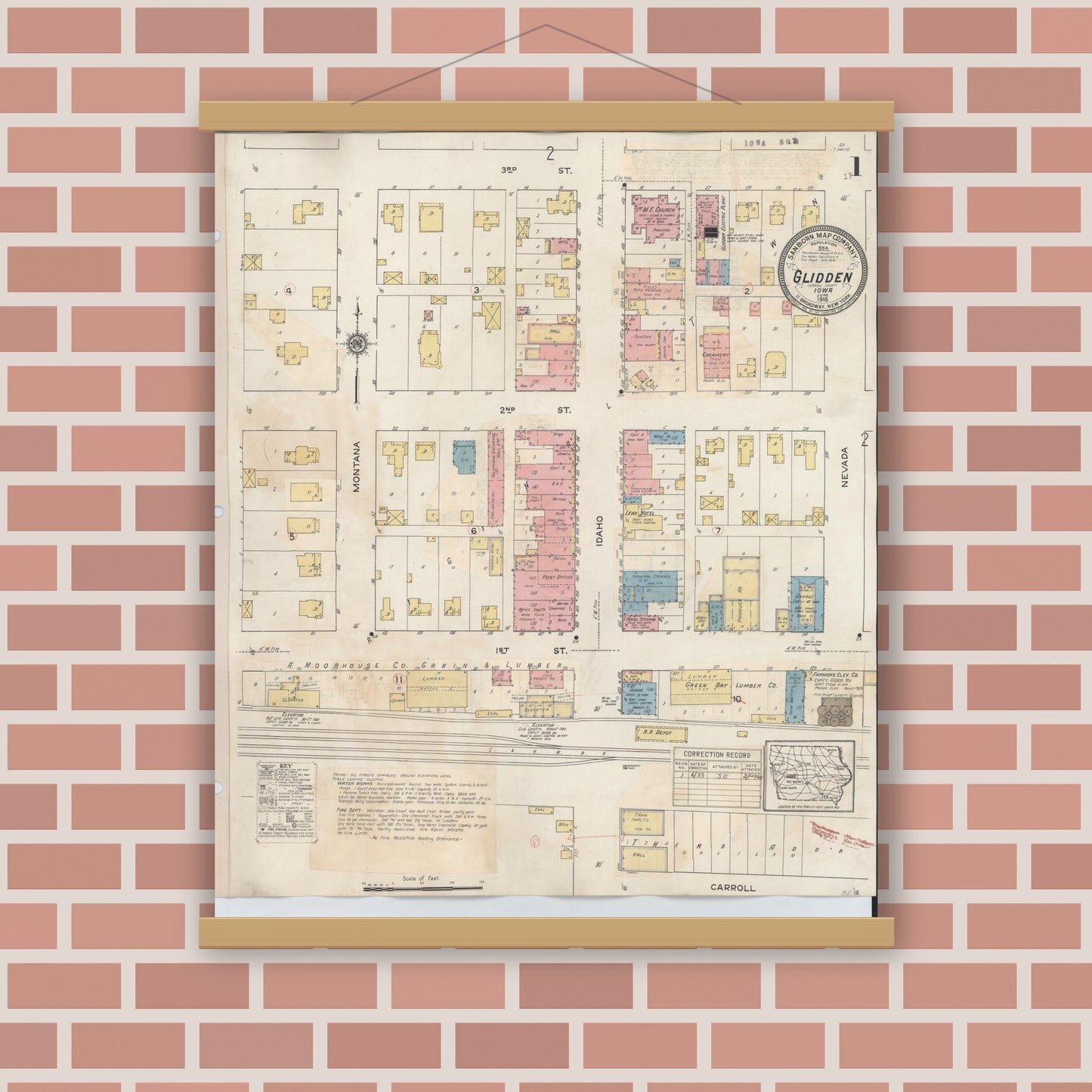 Old map wall art mockup — magnetic wood frame on brick wall — Sanborn Fire Insurance Map from Glidden, Carroll County, Iowa (1933) â€” Complete Set