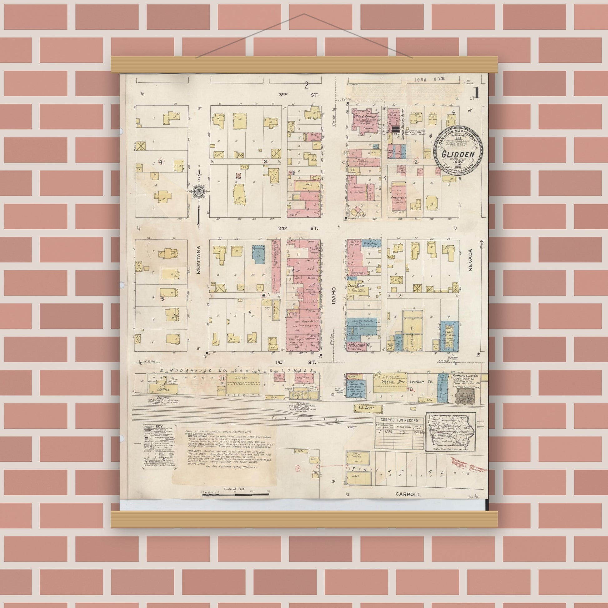 Old map wall art mockup — magnetic wood frame on brick wall — Sanborn Fire Insurance Map from Glidden, Carroll County, Iowa (1933) â€” Complete Set