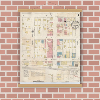 Old map wall art mockup — magnetic wood frame on brick wall — Sanborn Fire Insurance Map from Glidden, Carroll County, Iowa (1933) â€” Complete Set
