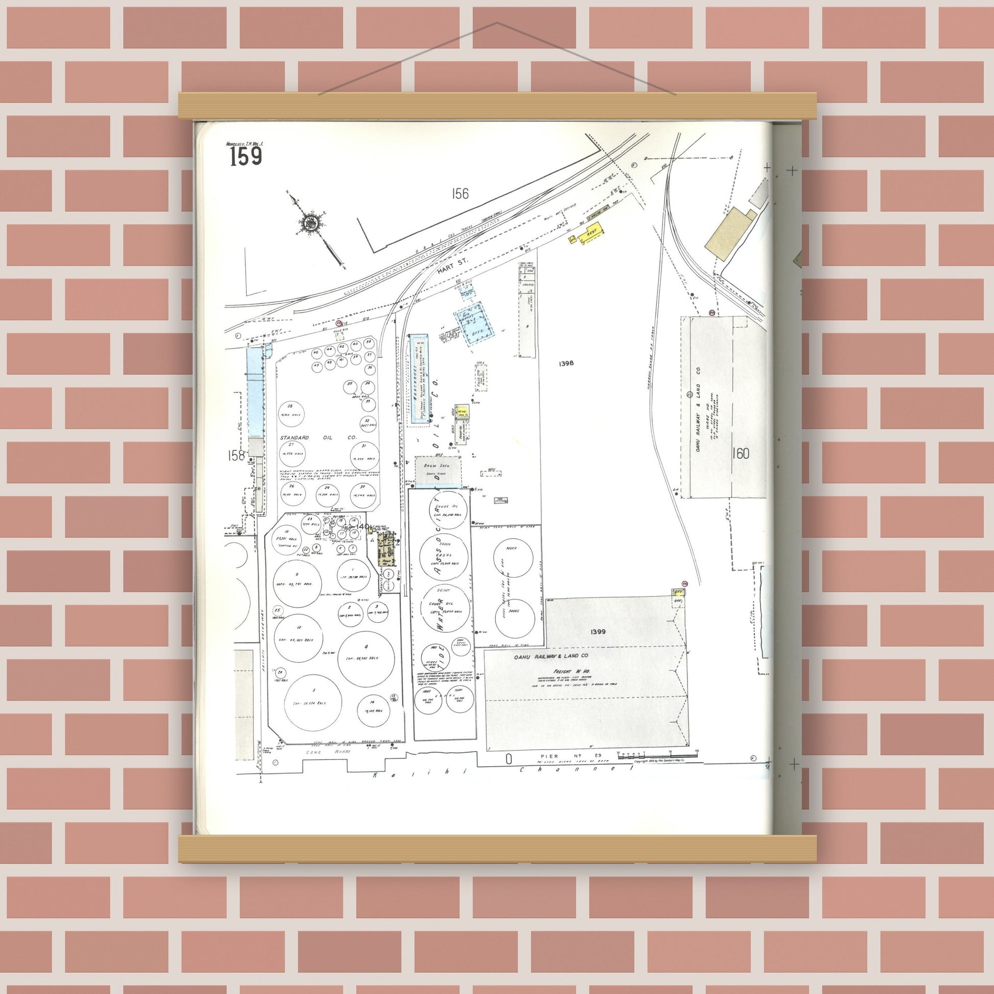 Old map wall art mockup — magnetic wood frame on brick wall — Sanborn Fire Insurance Map from Honolulu, Oahu County, Hawaii (1955), Sheet #0159