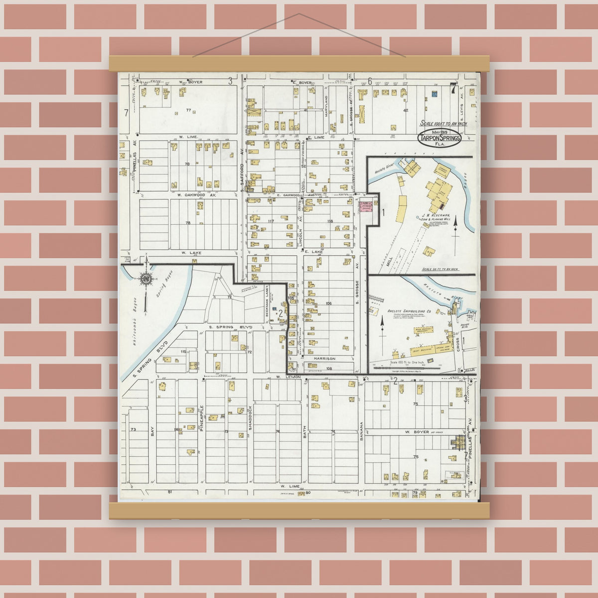 Old map wall art mockup — magnetic wood frame on brick wall — Sanborn Fire Insurance Map from Tarpon Springs, Pinellas County, Florida (1919), Sheet #0007
