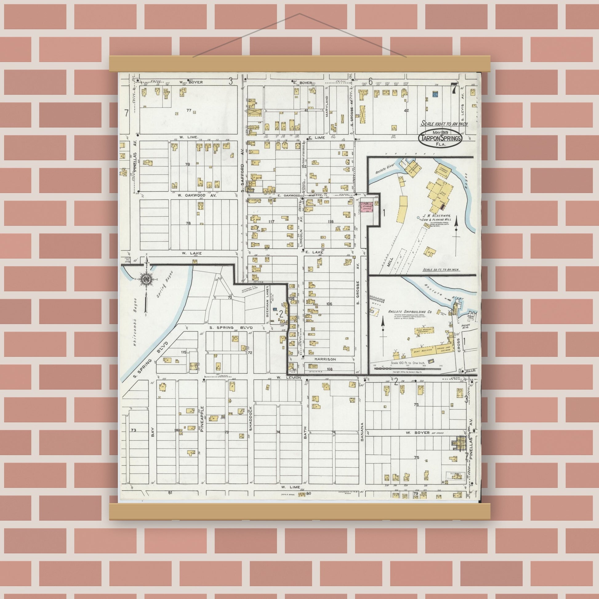 Old map wall art mockup — magnetic wood frame on brick wall — Sanborn Fire Insurance Map from Tarpon Springs, Pinellas County, Florida (1919), Sheet #0007