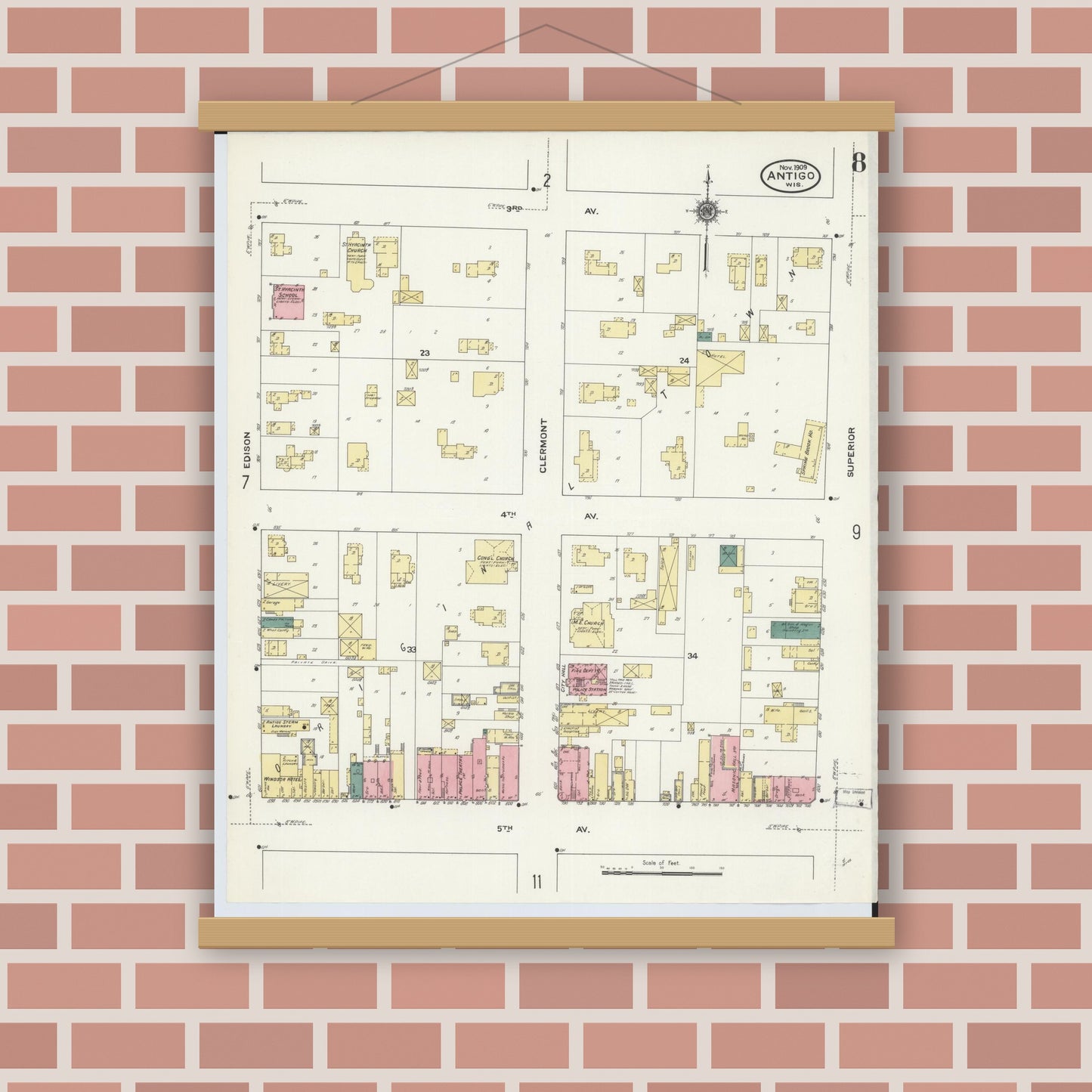 Old map wall art mockup — magnetic wood frame on brick wall — Sanborn Fire Insurance Map from Antigo, Langlade County, Wisconsin (1909), Sheet #0008