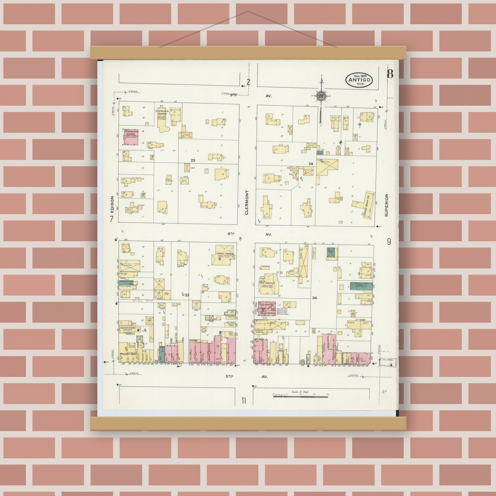 Old map wall art mockup — magnetic wood frame on brick wall — Sanborn Fire Insurance Map from Antigo, Langlade County, Wisconsin (1909), Sheet #0008