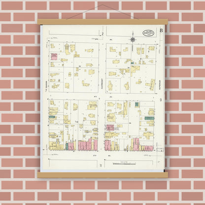 Old map wall art mockup — magnetic wood frame on brick wall — Sanborn Fire Insurance Map from Antigo, Langlade County, Wisconsin (1909), Sheet #0008