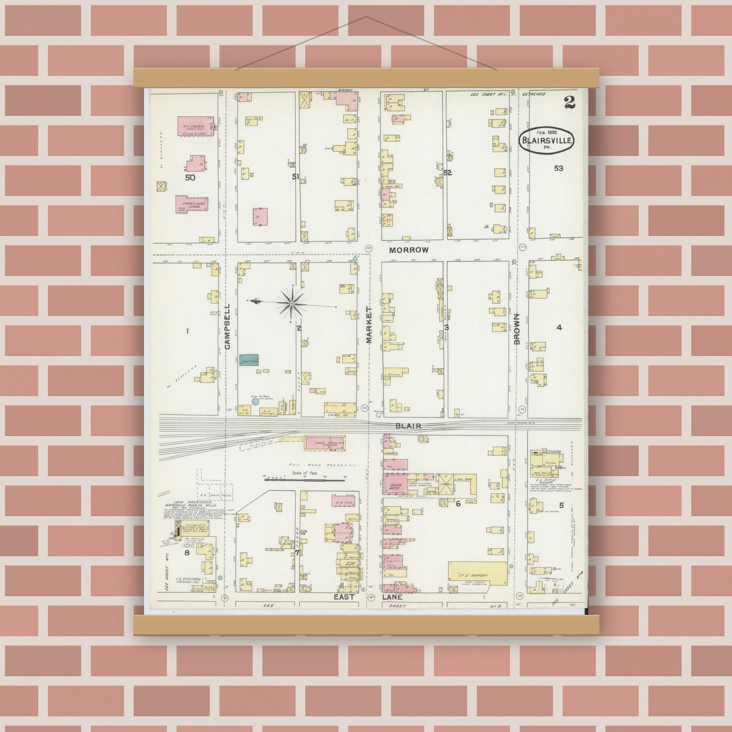 Old map wall art mockup — magnetic wood frame on brick wall — Sanborn Fire Insurance Map from Blairsville, Indiana County, Pennsylvania (1892), Sheet #0002