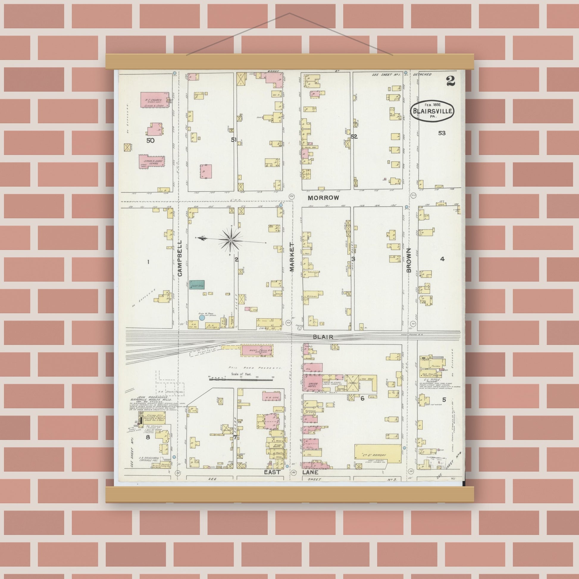 Old map wall art mockup — magnetic wood frame on brick wall — Sanborn Fire Insurance Map from Blairsville, Indiana County, Pennsylvania (1892), Sheet #0002