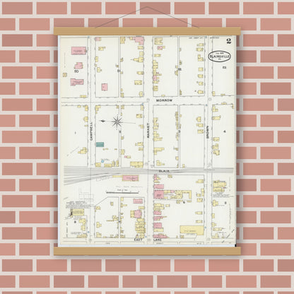 Old map wall art mockup — magnetic wood frame on brick wall — Sanborn Fire Insurance Map from Blairsville, Indiana County, Pennsylvania (1892), Sheet #0002