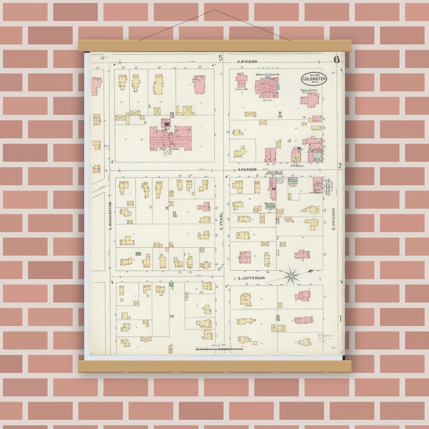 Old map wall art mockup — magnetic wood frame on brick wall — Sanborn Fire Insurance Map from Coldwater, Branch County, Michigan (1897), Sheet #0006