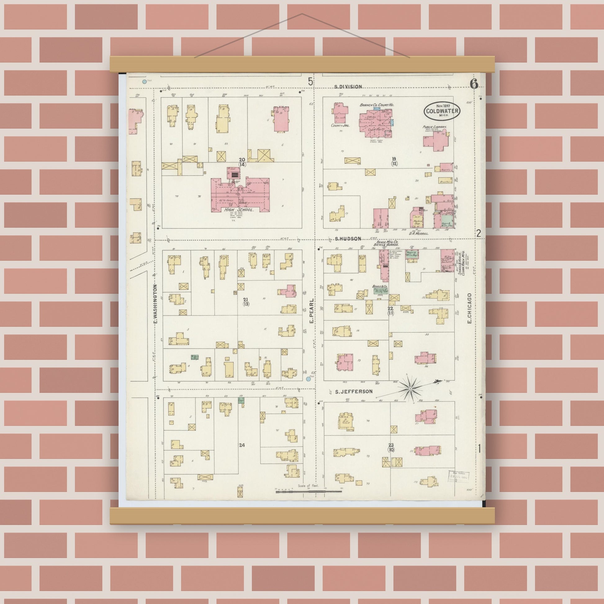 Old map wall art mockup — magnetic wood frame on brick wall — Sanborn Fire Insurance Map from Coldwater, Branch County, Michigan (1897), Sheet #0006
