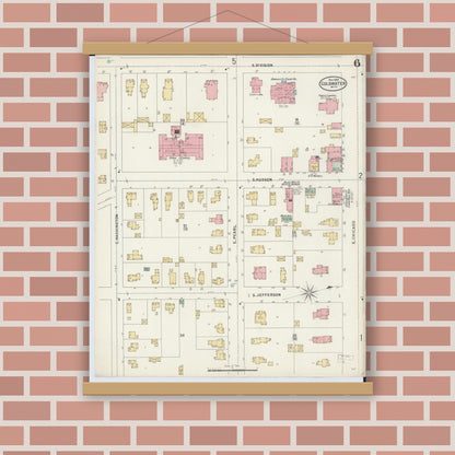Old map wall art mockup — magnetic wood frame on brick wall — Sanborn Fire Insurance Map from Coldwater, Branch County, Michigan (1897), Sheet #0006