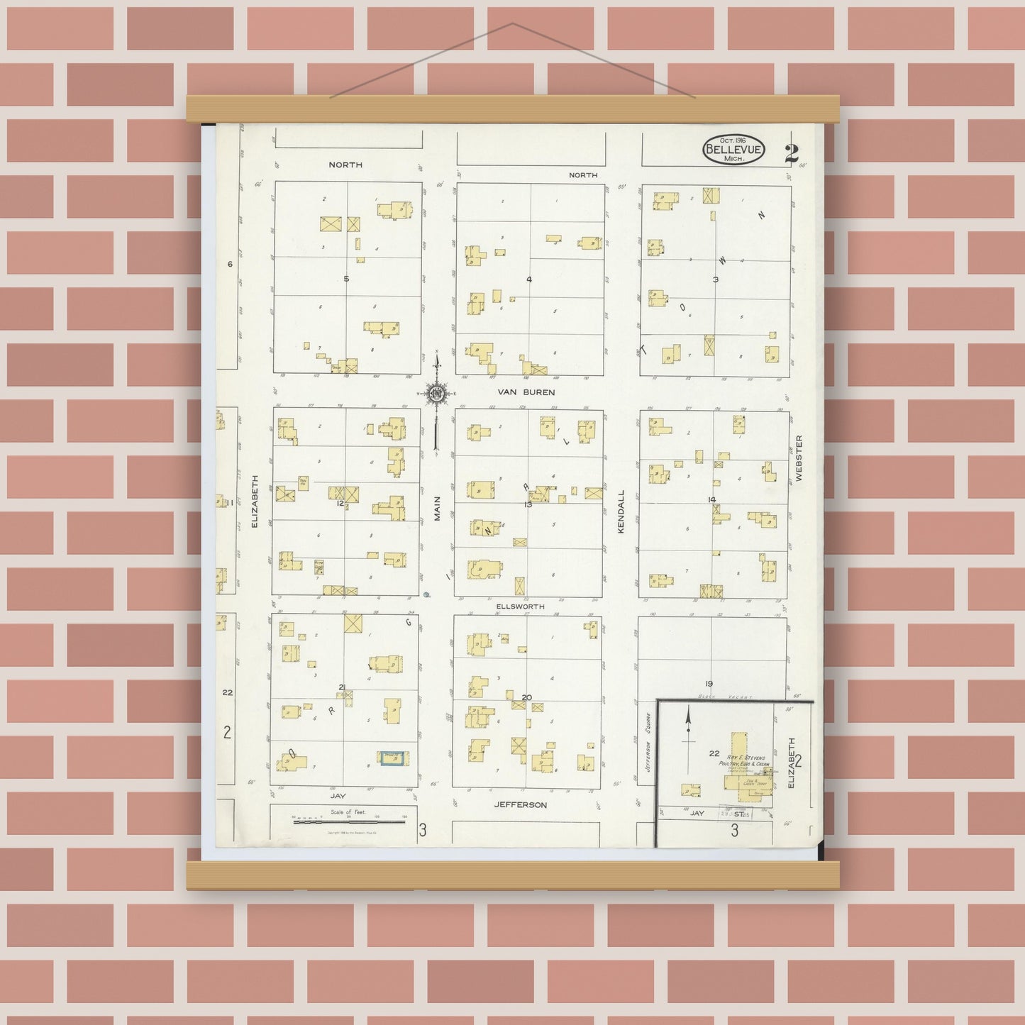 Old map wall art mockup — magnetic wood frame on brick wall — Sanborn Fire Insurance Map from Bellevue, Eaton County, Michigan (1916), Sheet #0002