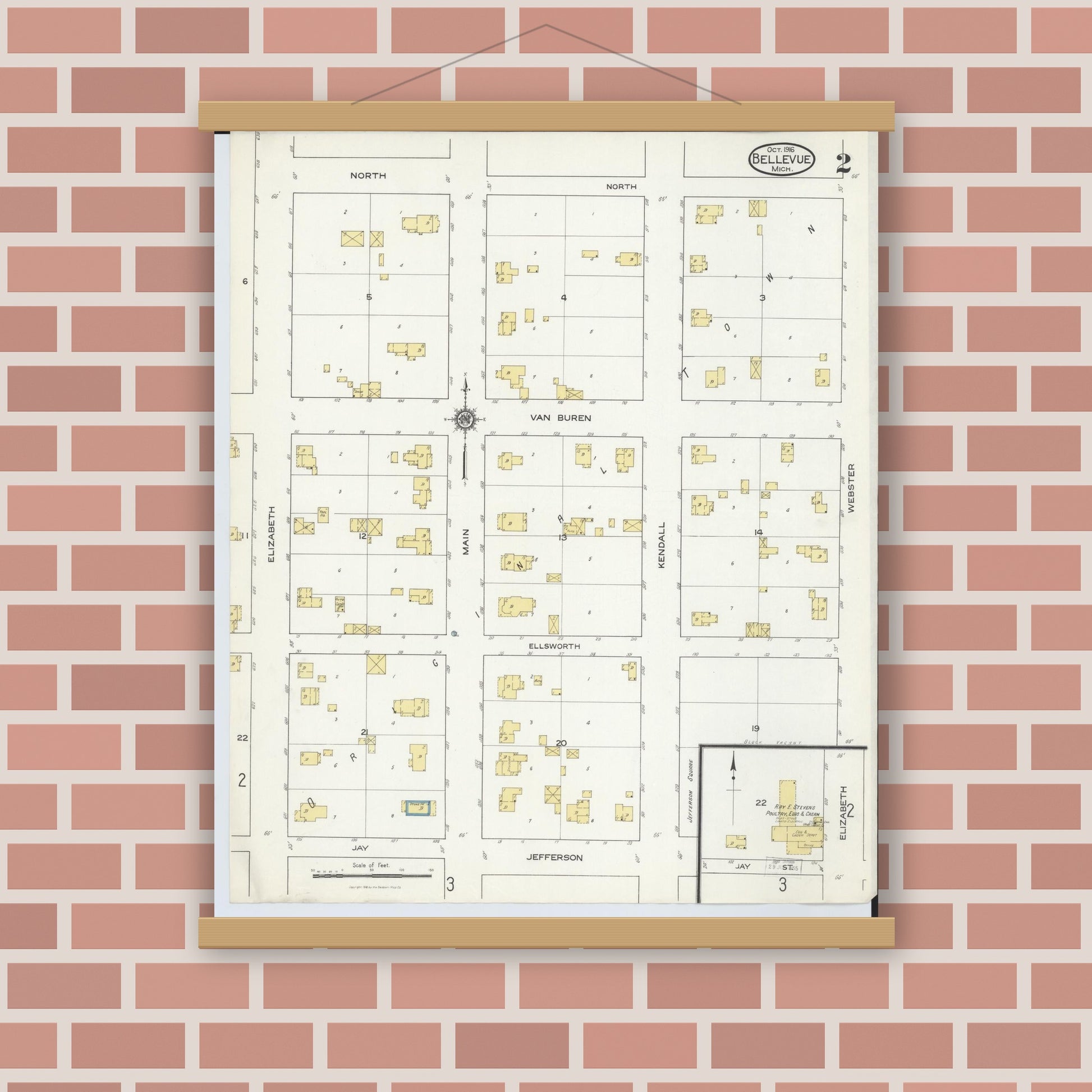 Old map wall art mockup — magnetic wood frame on brick wall — Sanborn Fire Insurance Map from Bellevue, Eaton County, Michigan (1916), Sheet #0002