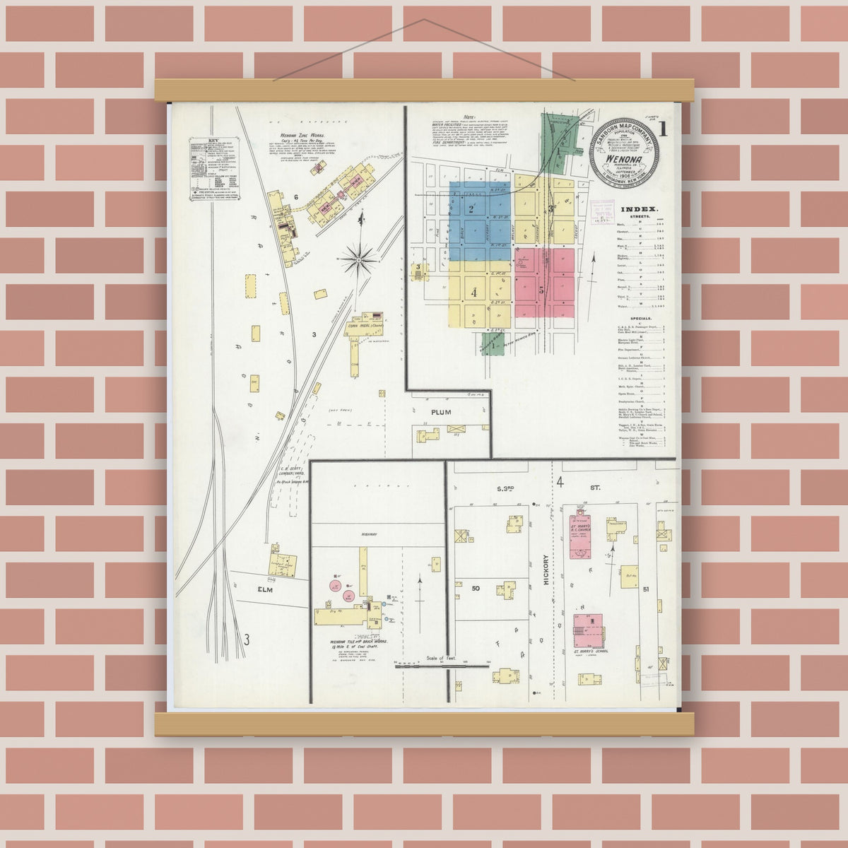 Old map wall art mockup — magnetic wood frame on brick wall — Sanborn Fire Insurance Map from Wenona, Marshall County, Illinois (1906), Sheet #0001
