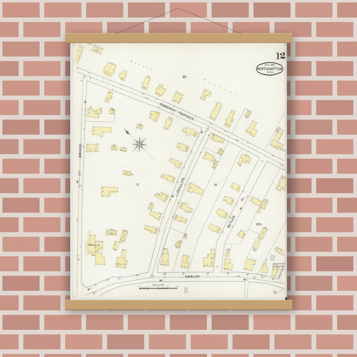 Old map wall art mockup — magnetic wood frame on brick wall — Sanborn Fire Insurance Map from Northampton, Hampshire County, Massachusetts (1895), Sheet #0012