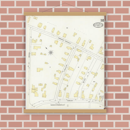 Old map wall art mockup — magnetic wood frame on brick wall — Sanborn Fire Insurance Map from Northampton, Hampshire County, Massachusetts (1895), Sheet #0012