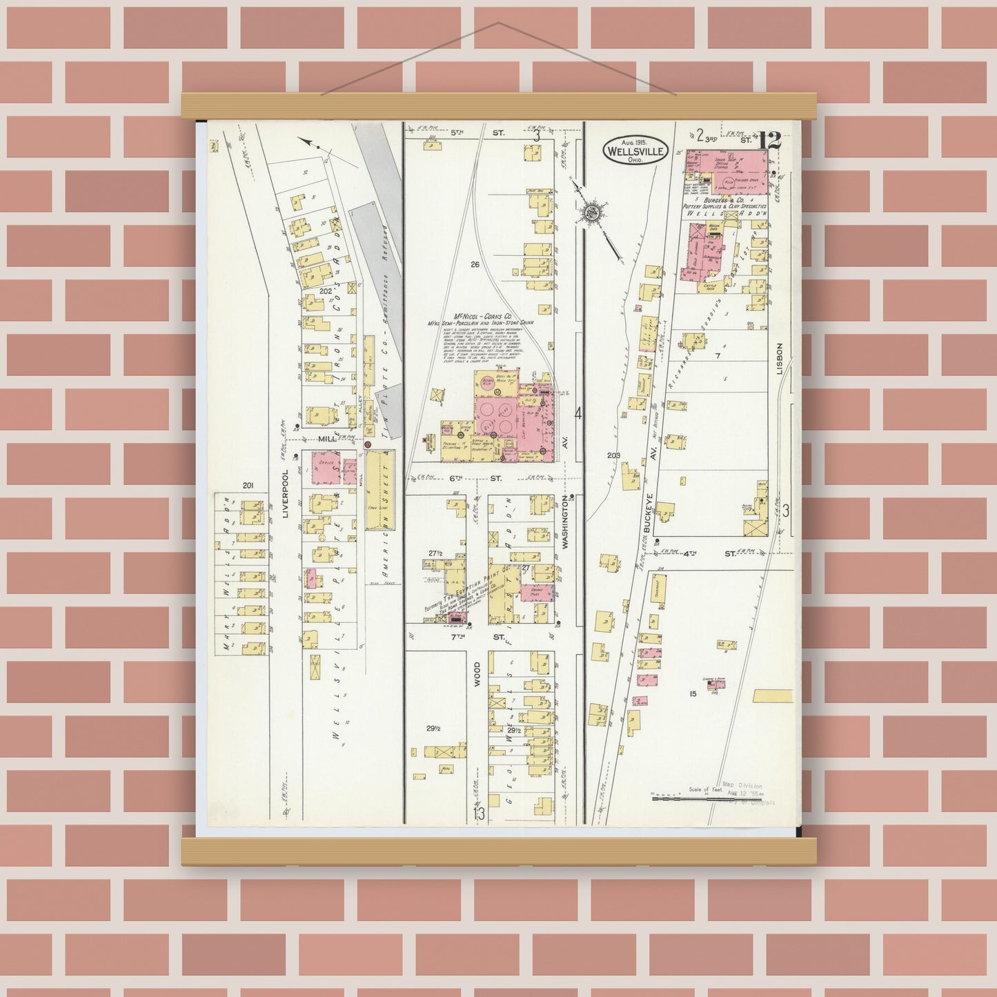 Old map wall art mockup — magnetic wood frame on brick wall — Sanborn Fire Insurance Map from Wellsville, Columbiana County, Ohio (1915), Sheet #0012