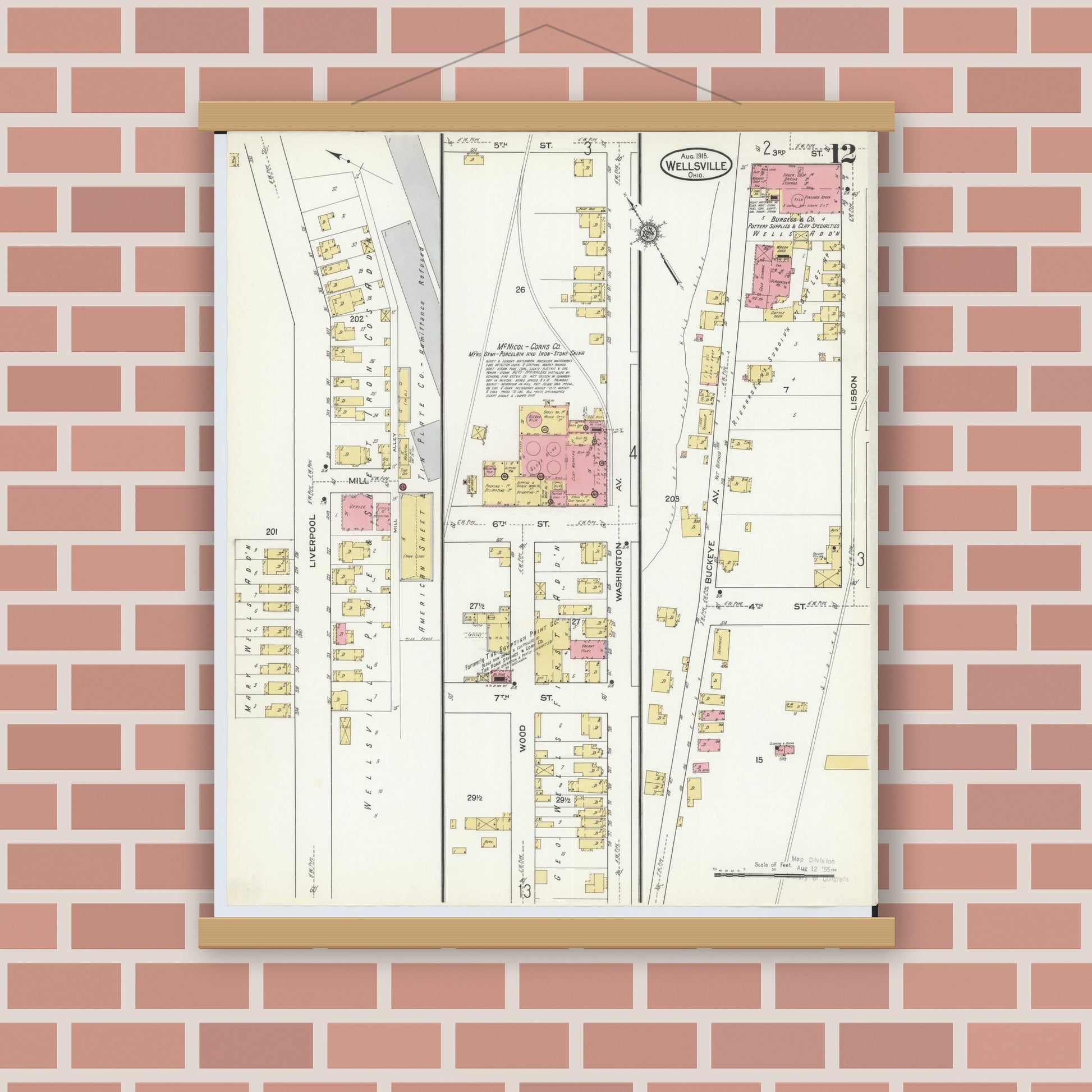 Old map wall art mockup — magnetic wood frame on brick wall — Sanborn Fire Insurance Map from Wellsville, Columbiana County, Ohio (1915), Sheet #0012