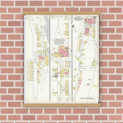 Old map wall art mockup — magnetic wood frame on brick wall — Sanborn Fire Insurance Map from Wellsville, Columbiana County, Ohio (1915), Sheet #0012