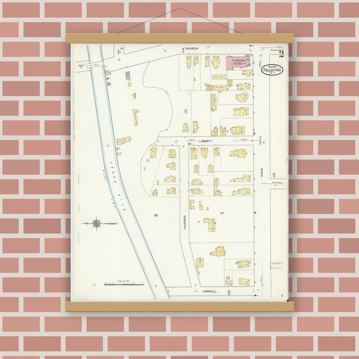 Old map wall art mockup — magnetic wood frame on brick wall — Sanborn Fire Insurance Map from Palmyra, Wayne County, New York (1912) - Complete Map Set