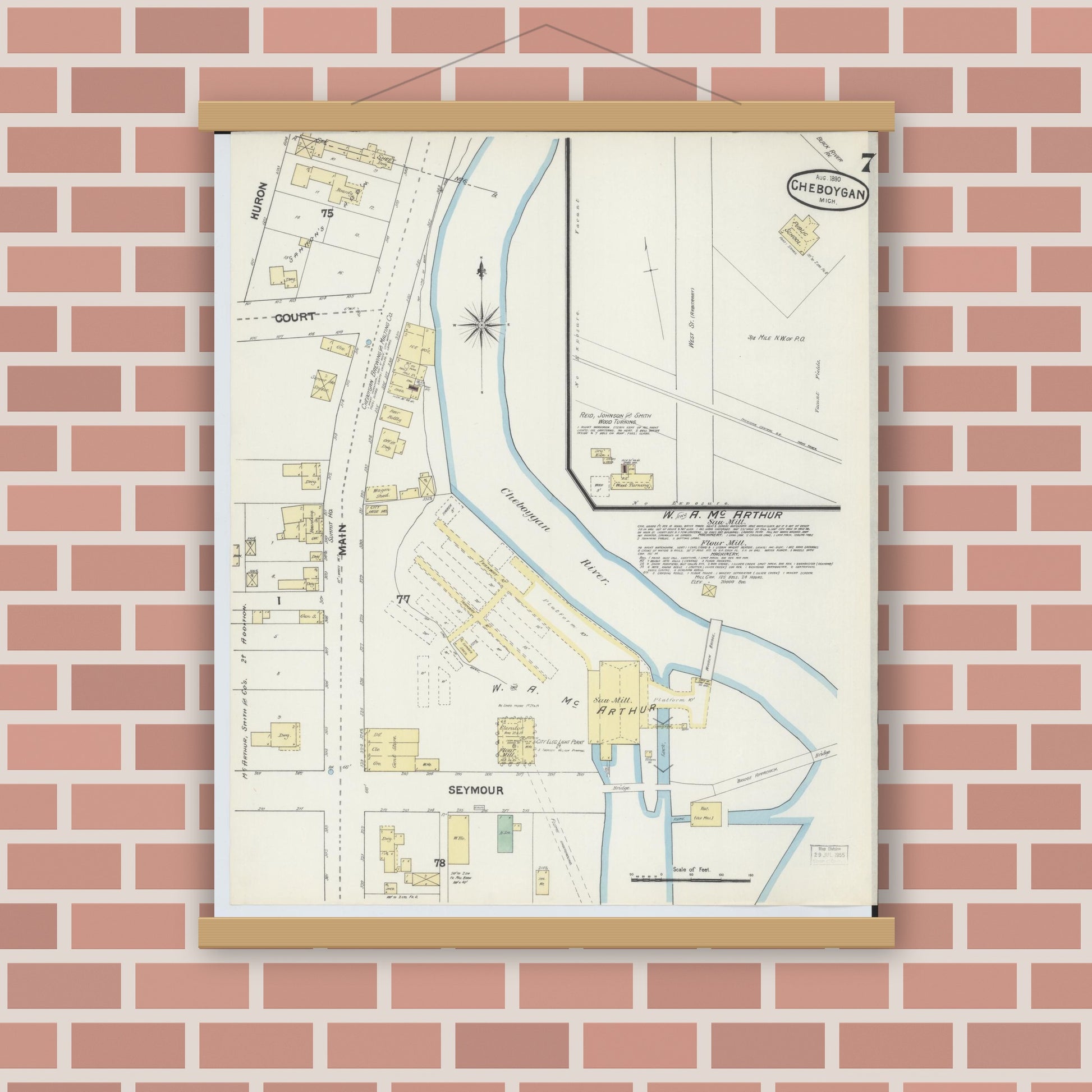 Old map wall art mockup — magnetic wood frame on brick wall — Sanborn Fire Insurance Map from Cheboygan, Cheboygan County, Michigan (1890), Sheet #0007