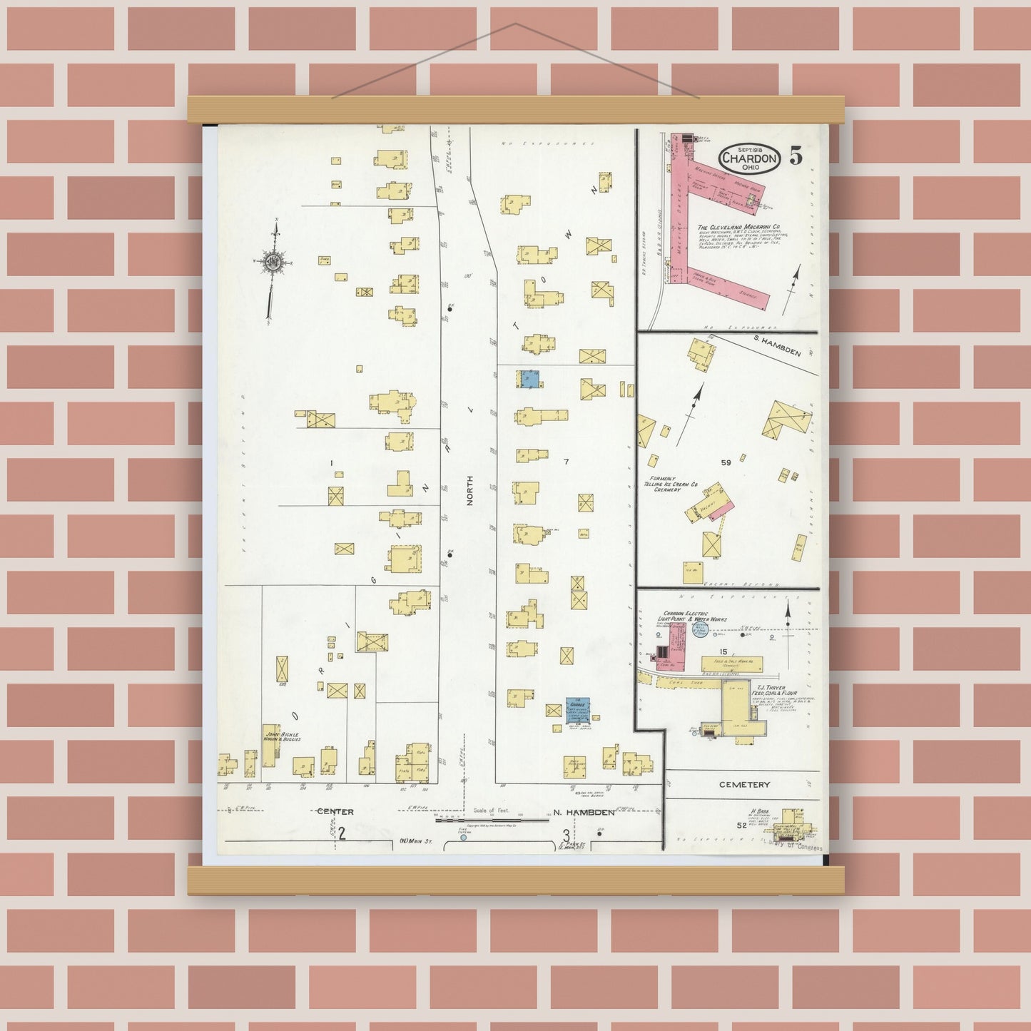 Old map wall art mockup — magnetic wood frame on brick wall — Sanborn Fire Insurance Map from Chardon, Geauga County, Ohio (1918), Sheet #0005