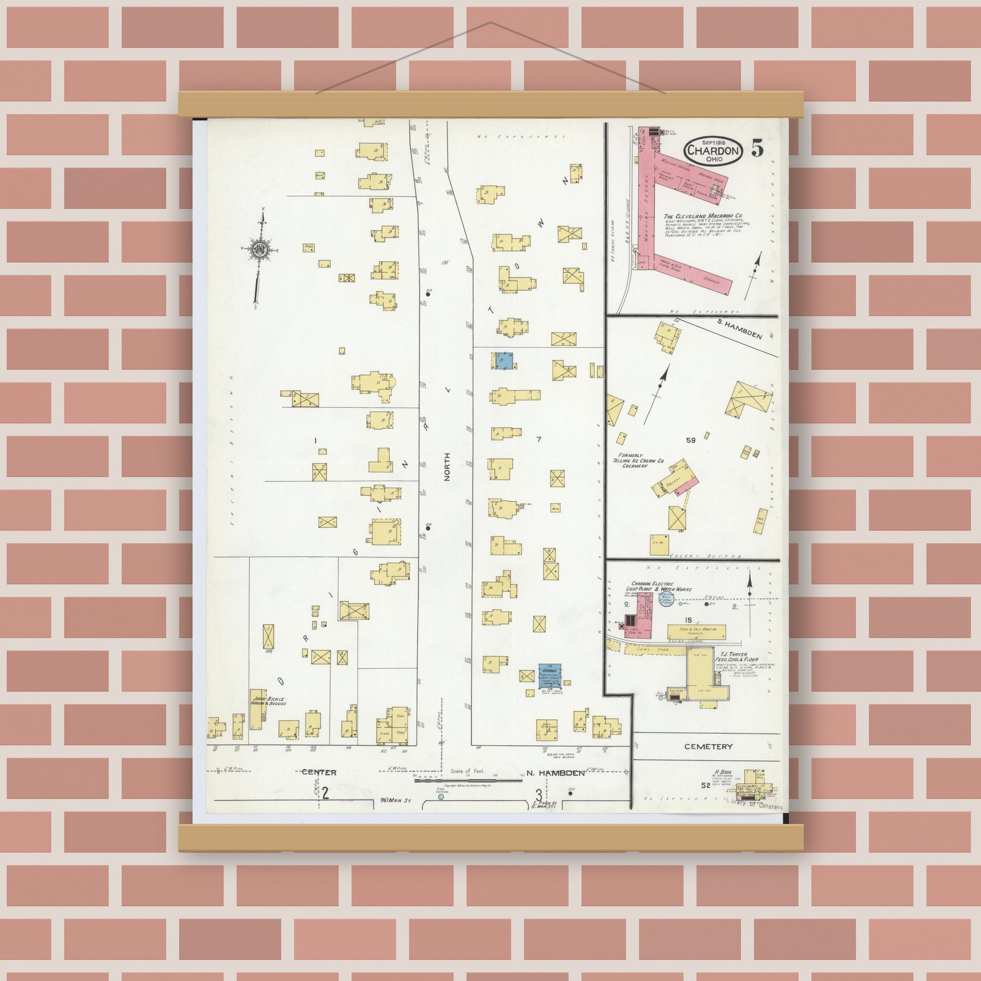 Old map wall art mockup — magnetic wood frame on brick wall — Sanborn Fire Insurance Map from Chardon, Geauga County, Ohio (1918), Sheet #0005