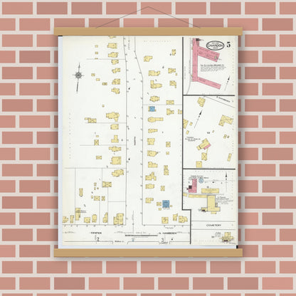 Old map wall art mockup — magnetic wood frame on brick wall — Sanborn Fire Insurance Map from Chardon, Geauga County, Ohio (1918), Sheet #0005